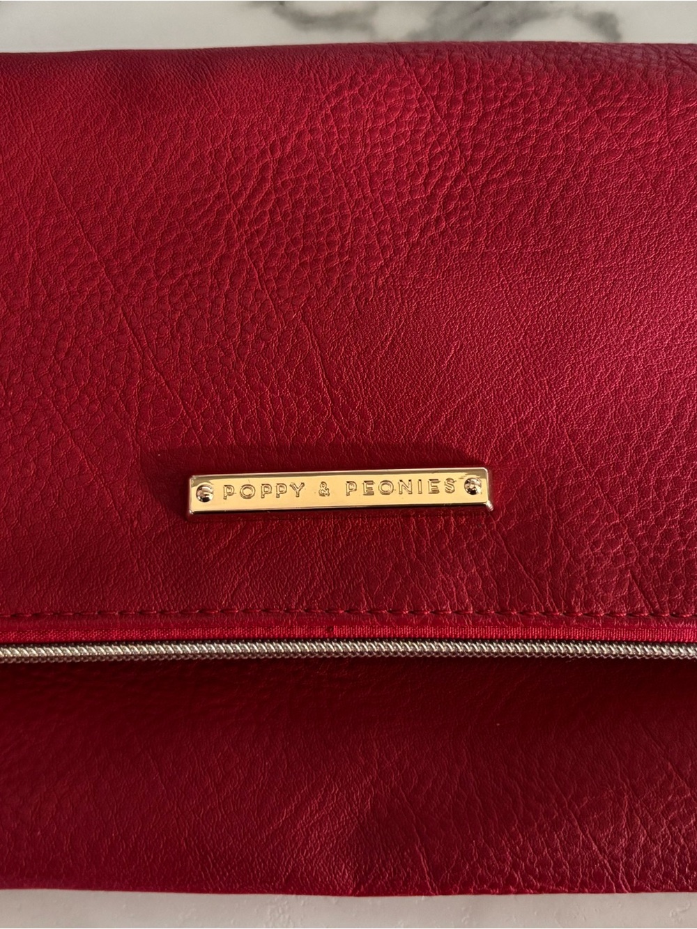 Poppy & Peonies Cherry Red Fold-Over Leather Clutch with Gold Plate